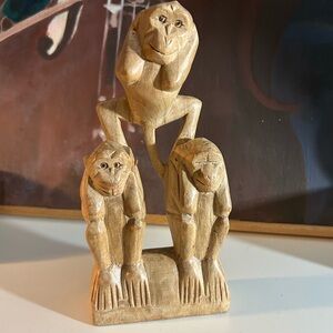 Handcrafted See, hear, & speak no evil wood monkey sculpture Indonesia